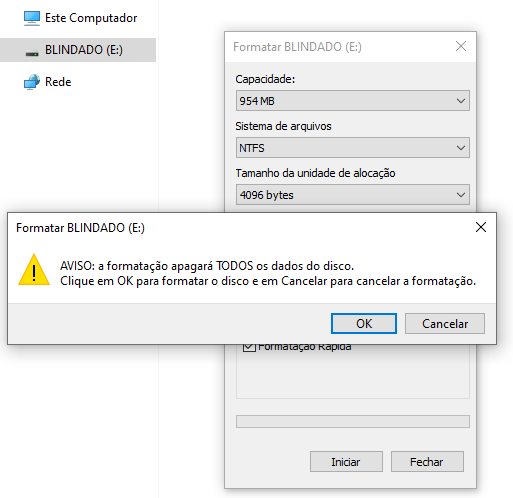 Imagem da janela de formatação do Windows, destacando a opção NTFS.