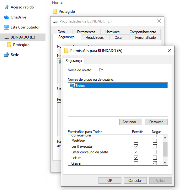 Imagem da tela de segurança, mostrando como negar a permissão de escrita.