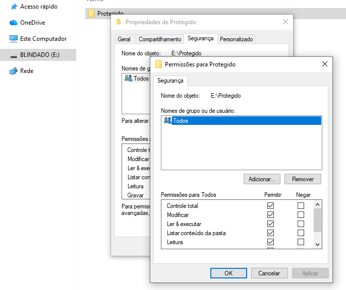Imagem da tela de segurança, mostrando as permissões totais para a pasta.